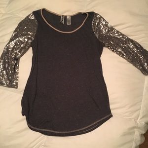 Grey BKE Top with Sequin 3/4 Sleeves